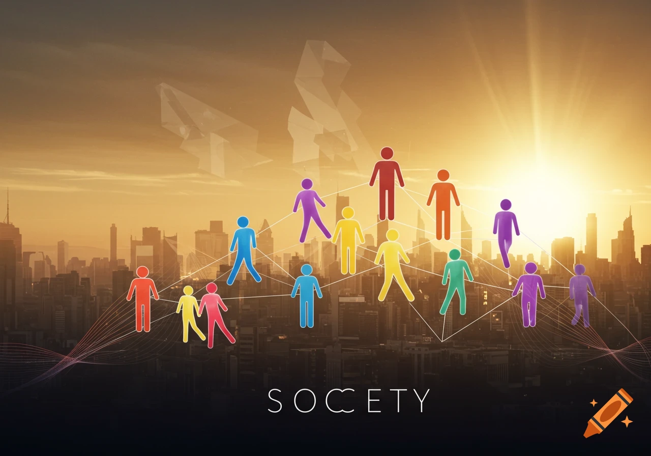 Colorful abstract figures connected by lines above a city skyline at sunset, with the word 'SOCIETY' below.