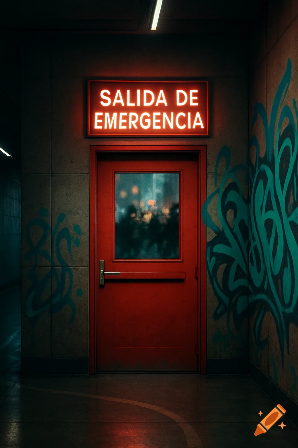 A red emergency exit door with a glowing 'SALIDA DE EMERGENCIA' sign in a dark, graffiti-covered hallway. Photorealistic style.