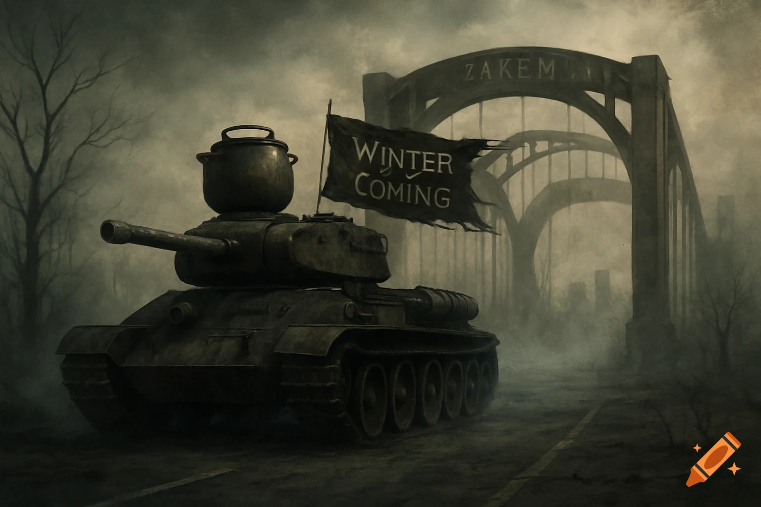 A dark, moody image of a tank with a bean pot on its turret, flying a tattered flag that says "WINTER COMING", in front of a large arch bridge with "ZAKEM" inscribed on it, in a misty, post-apocalyptic setting.