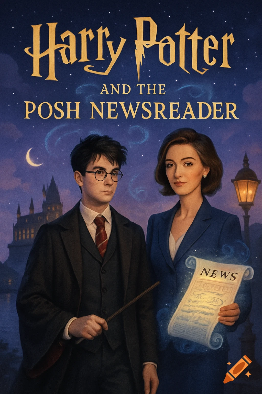 Book cover for 'Harry Potter and the Posh Newsreader' featuring Harry Potter and a woman with a glowing news scroll in a fantasy setting.