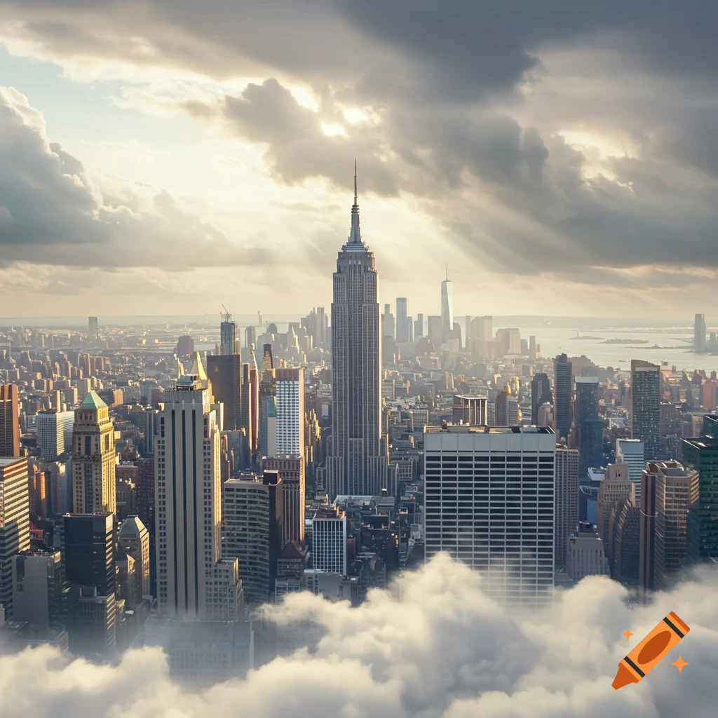 Photorealistic aerial view of the New York City skyline, with the Empire State Building towering above a layer of clouds at sunset.
