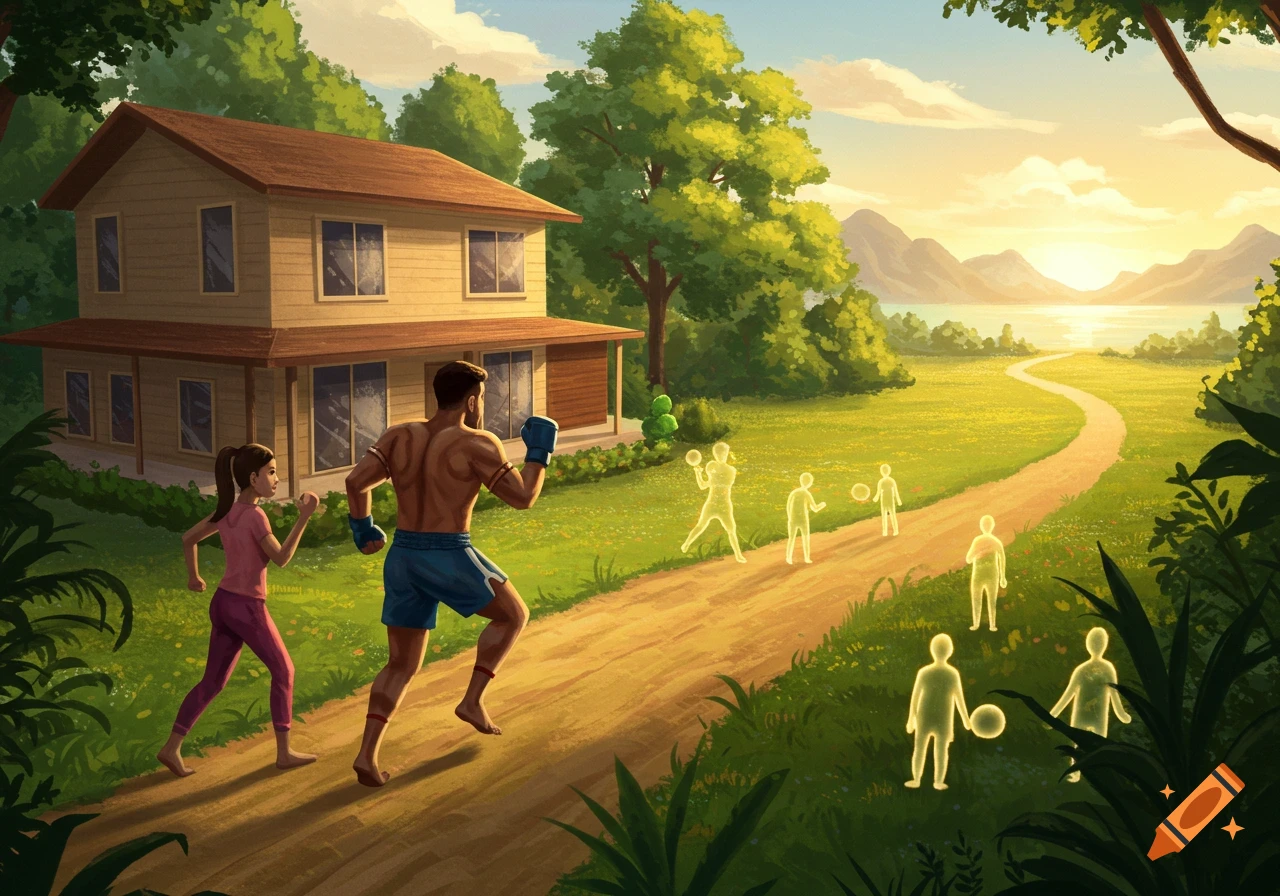 Illustration of a man and woman running on a path past a house in a lush landscape at sunset, with glowing figures.