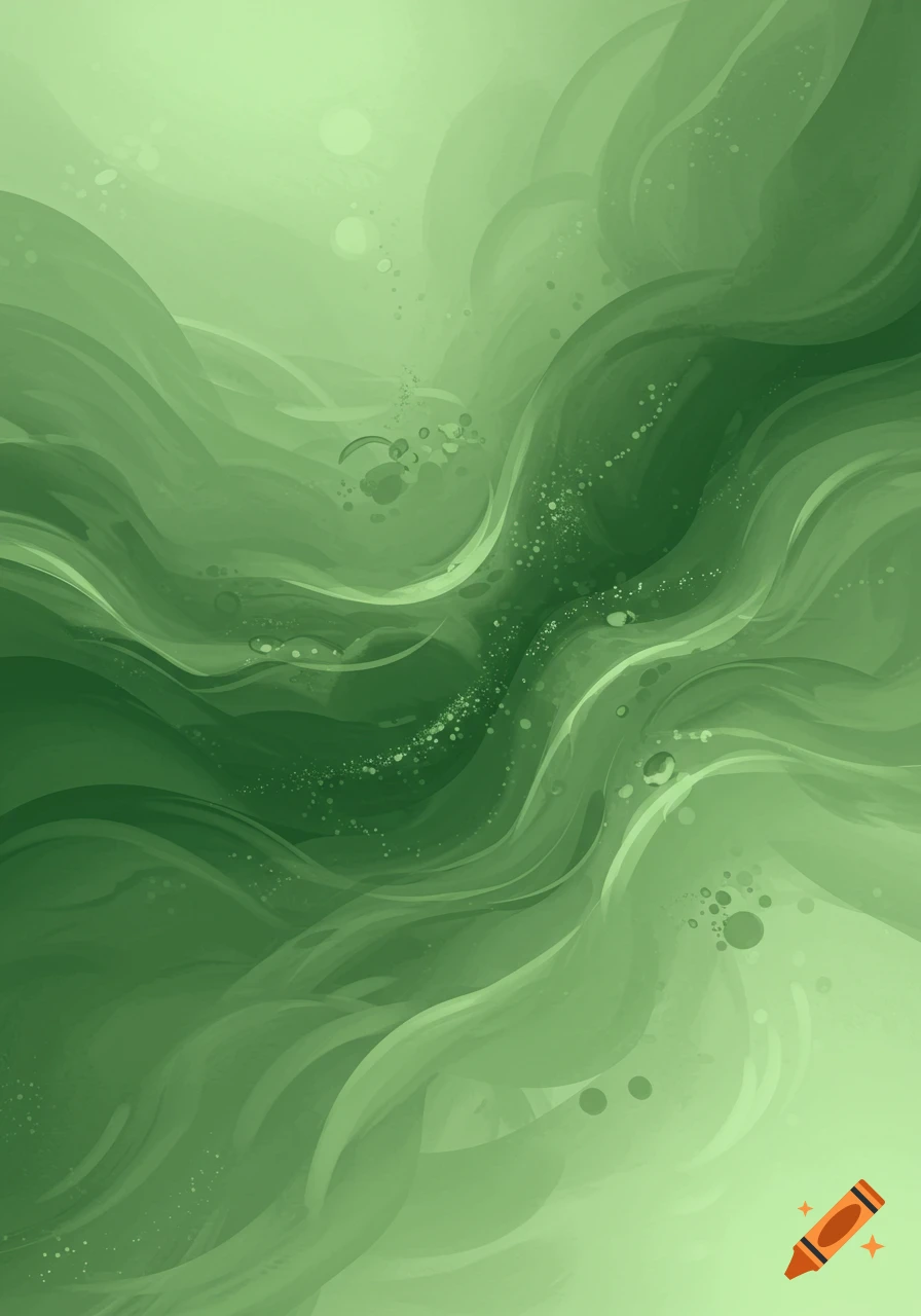 Abstract green painting with fluid, wavy shapes and subtle specks, resembling an underwater or ethereal scene.
