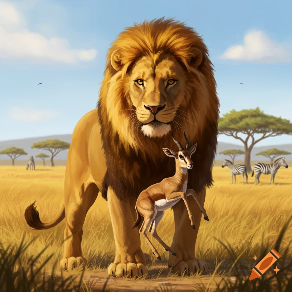 A majestic lion stands tall behind a small gazelle in a sunny savanna illustration, with distant trees and zebras.