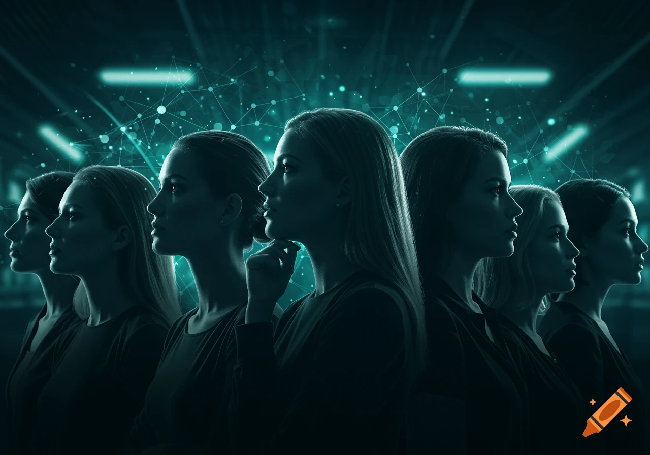 Stylized digital art of multiple women in profile, looking right, against a dark, futuristic background with glowing network patterns.