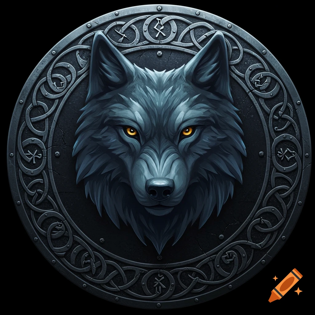 Stylized gray wolf head with glowing orange eyes on an ornate dark metal shield with intricate patterns and runes.