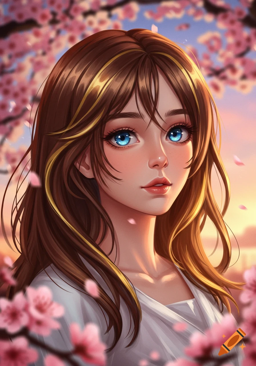 Anime girl with brown hair and gold streaks, soft blue eyes, surrounded by pink cherry blossoms against a sunset sky in an anime art style.