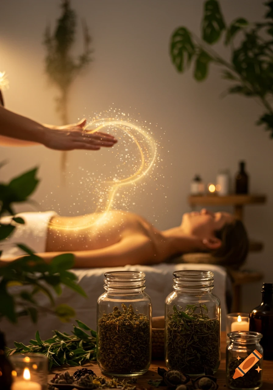 A person receives energy healing with golden light, hands hovering over their back. Jars of herbs and candles are on a table.
