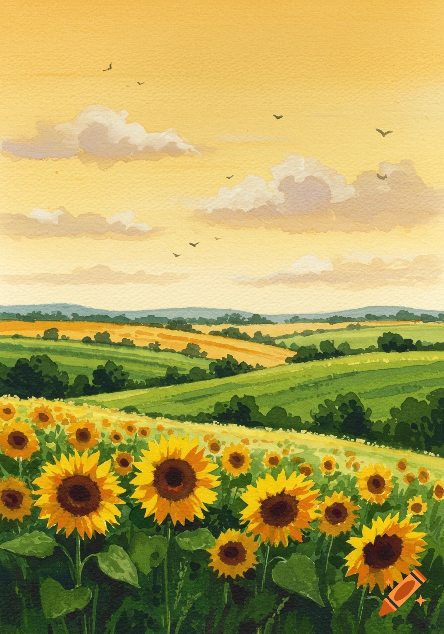 Watercolor painting of a vibrant sunflower field stretching into rolling green hills under a bright yellow sky with clouds and distant birds.