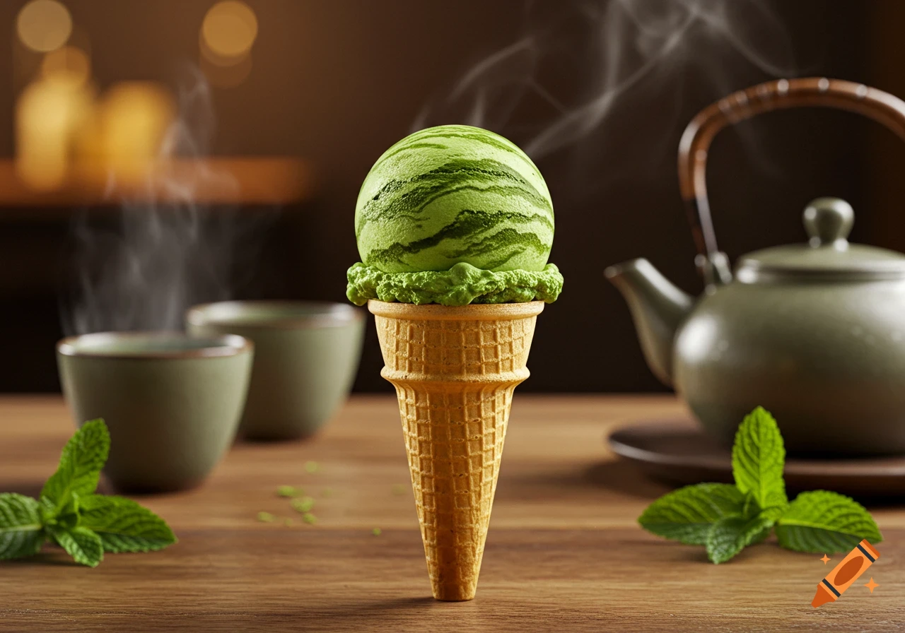 Photorealistic matcha ice cream cone on a wooden table with steaming tea, a teapot, and fresh mint leaves.