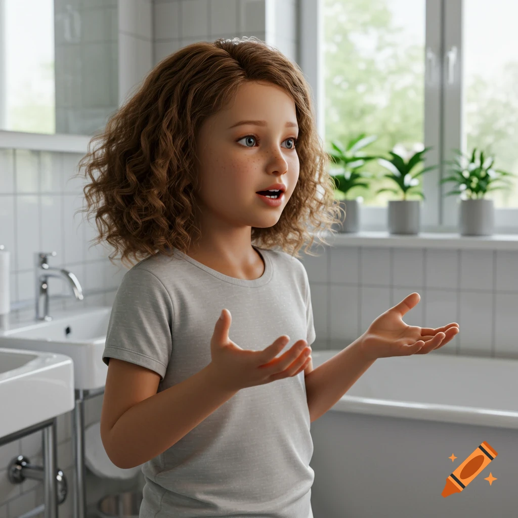 A photorealistic image of a young girl with curly brown hair, standing in a modern bathroom and talking with open hands.