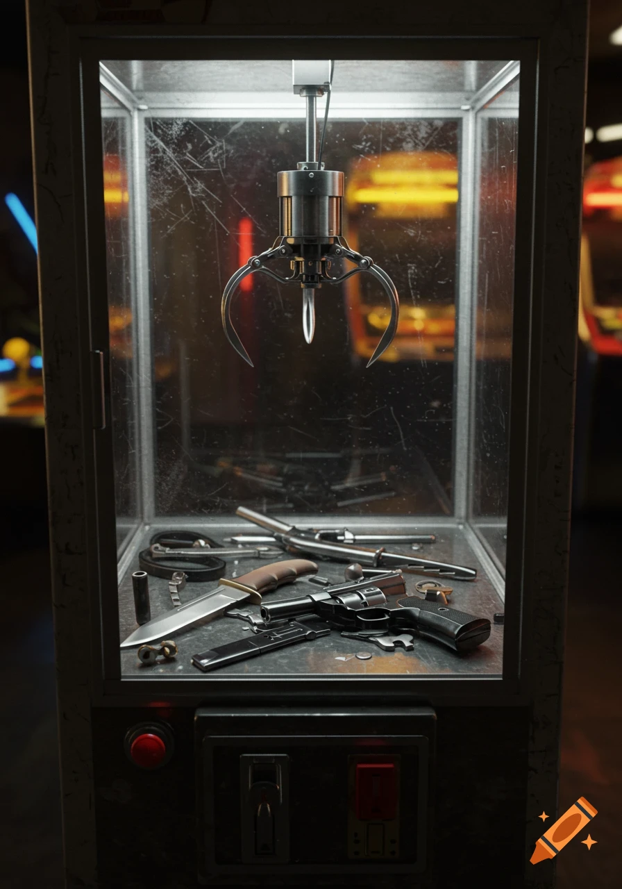 A close-up shot of an arcade claw machine containing a combat knife and a revolver, with a metal claw suspended above.