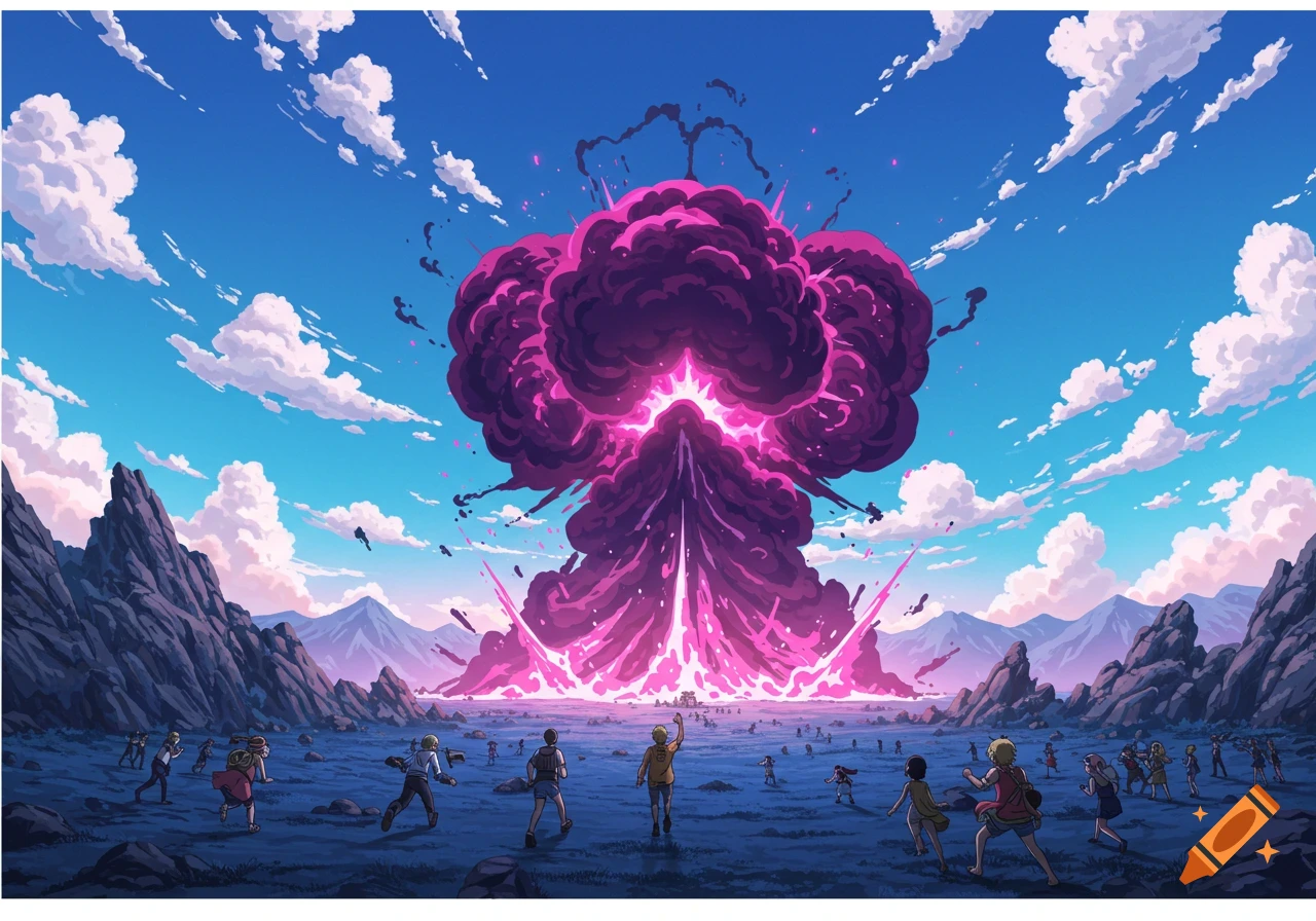 Anime art of people running from a giant purple explosion in a rocky, mountainous landscape under a blue sky.