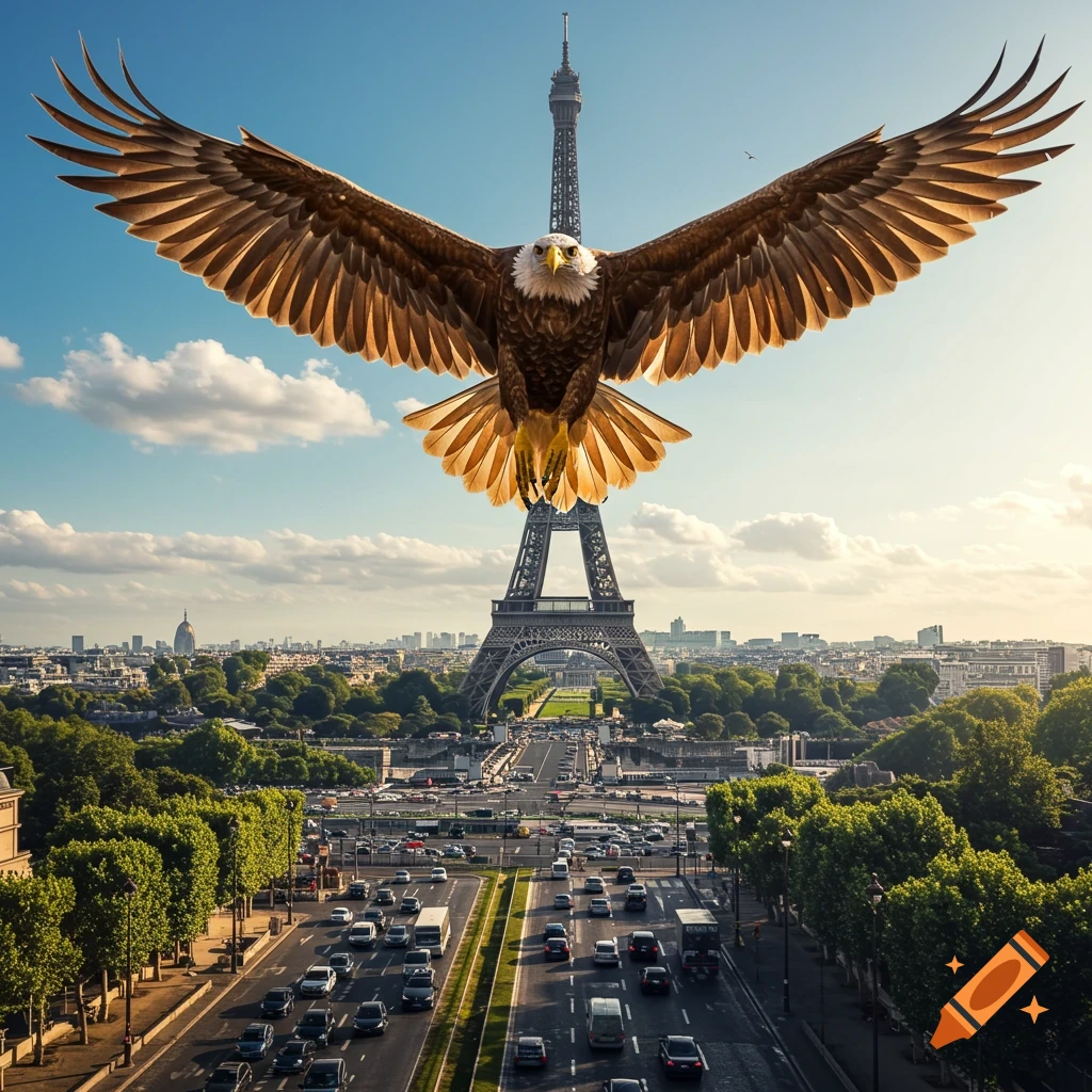 A massive bald eagle with outstretched wings flies high above a busy Parisian highway, with the Eiffel Tower prominently in the background under a blue sky.