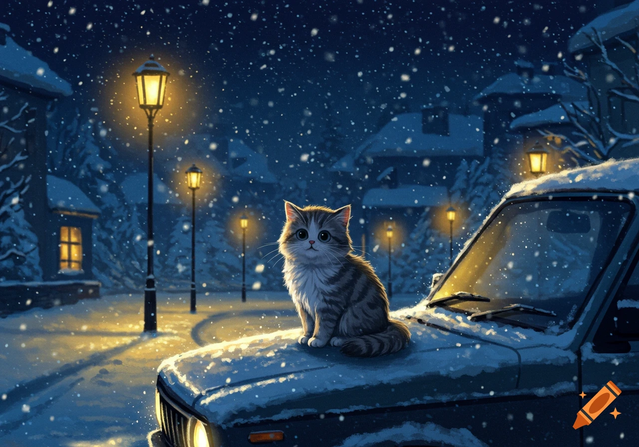A cute fluffy tabby cat sits on a snow-covered car on a dark, snowy street with glowing streetlights and houses.