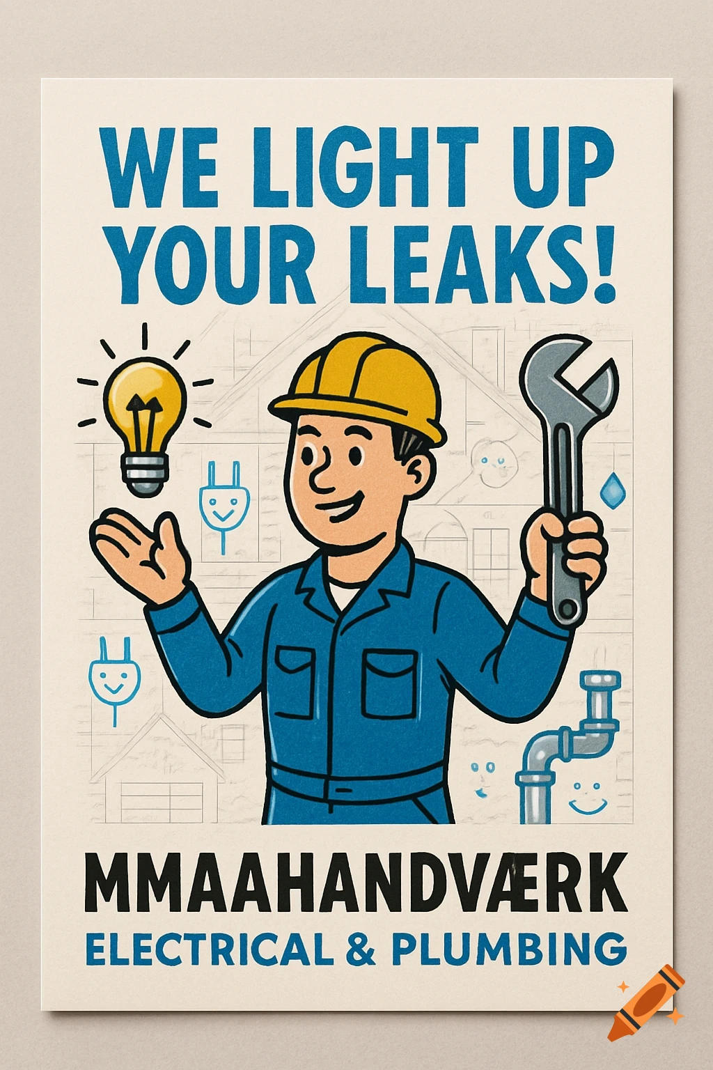 A retro cartoon illustration of a handyman holding a lightbulb and a wrench, with text 'WE LIGHT UP YOUR LEAKS! MMAAHANDVÆRK ELECTRICAL & PLUMBING'.
