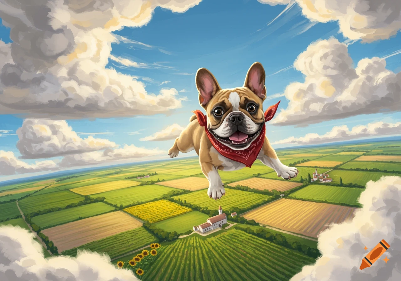 A whimsical illustration of a happy French bulldog wearing a red bandana flying above a green patchwork landscape under a blue sky.