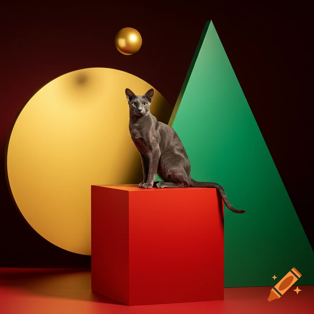 A sleek gray cat sits on a red cube. Behind it are a large yellow circle, a green triangle, and a floating golden sphere in a studio photo.