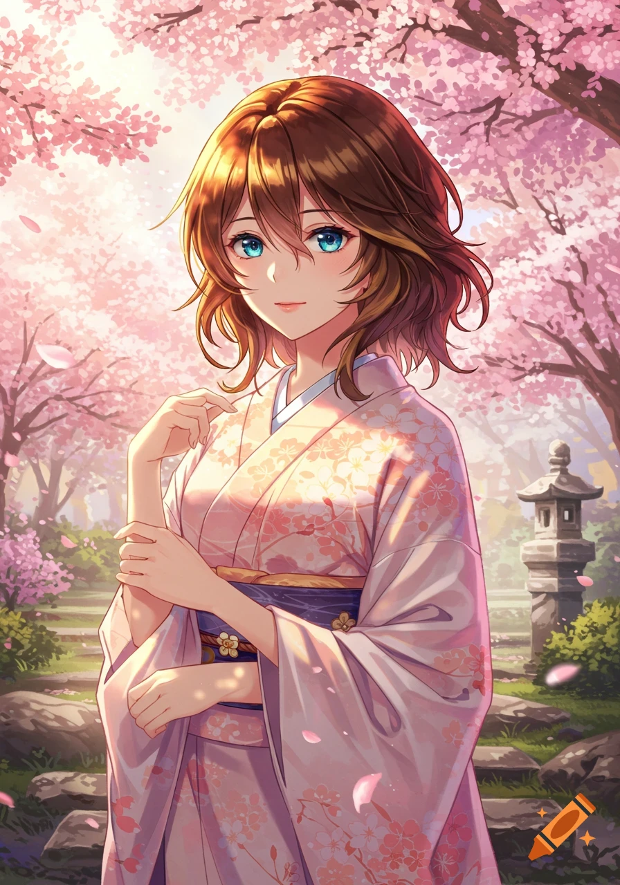 Anime girl with brown hair and blue eyes, wearing a pink kimono, stands in a vibrant cherry blossom garden.