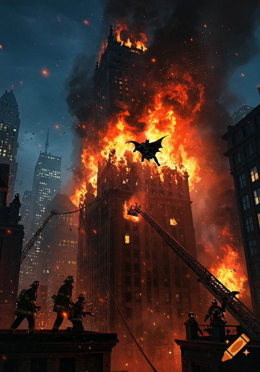 Batman flies over a massive fire engulfing a skyscraper in a dark city, with firefighters battling the blaze from below.