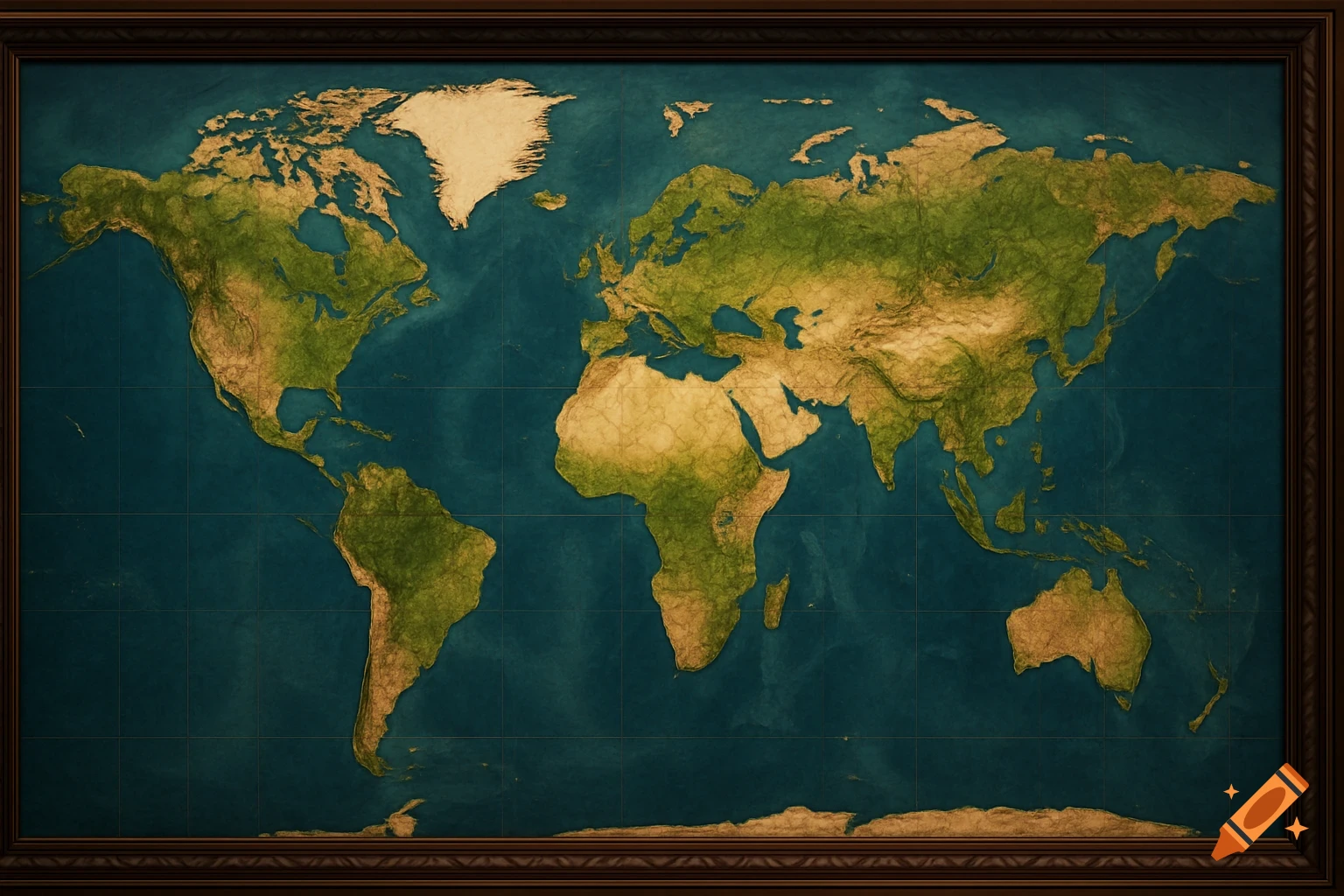 A stylized, relief-style world map with green and tan continents against a blue ocean, framed in dark wood.