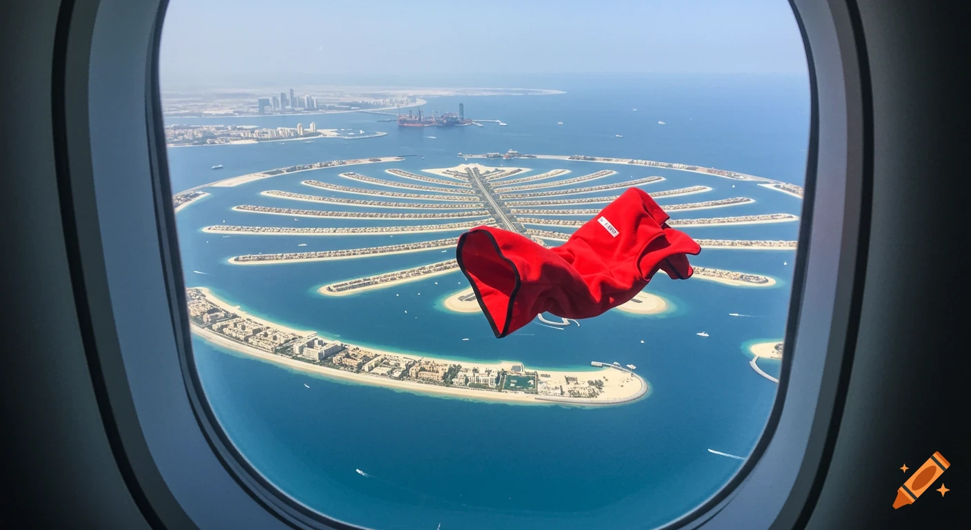 Aerial view from an airplane window shows Dubai's Palm Jumeirah with a red fleece vest floating outside.