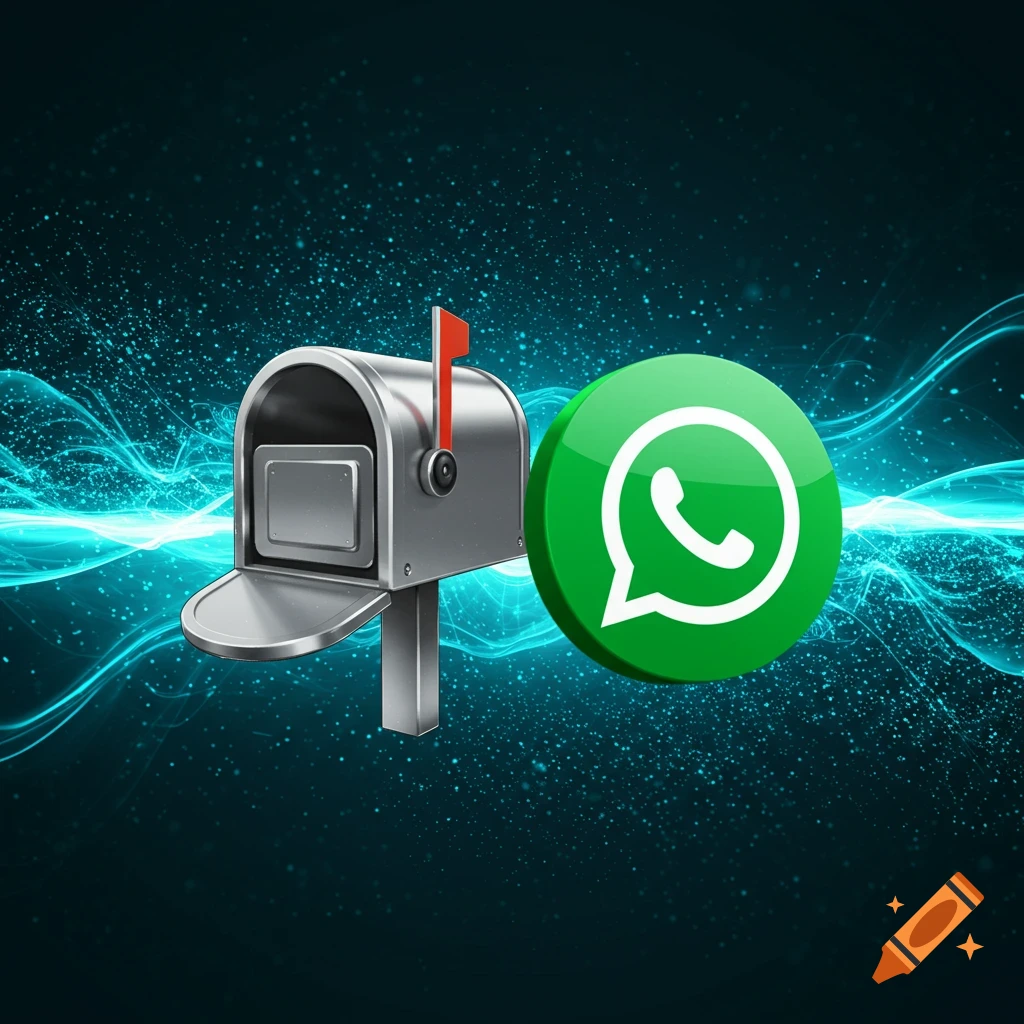 A 3D rendering of a silver mailbox with an open door next to a green WhatsApp logo on a dark blue digital background with glowing lines.