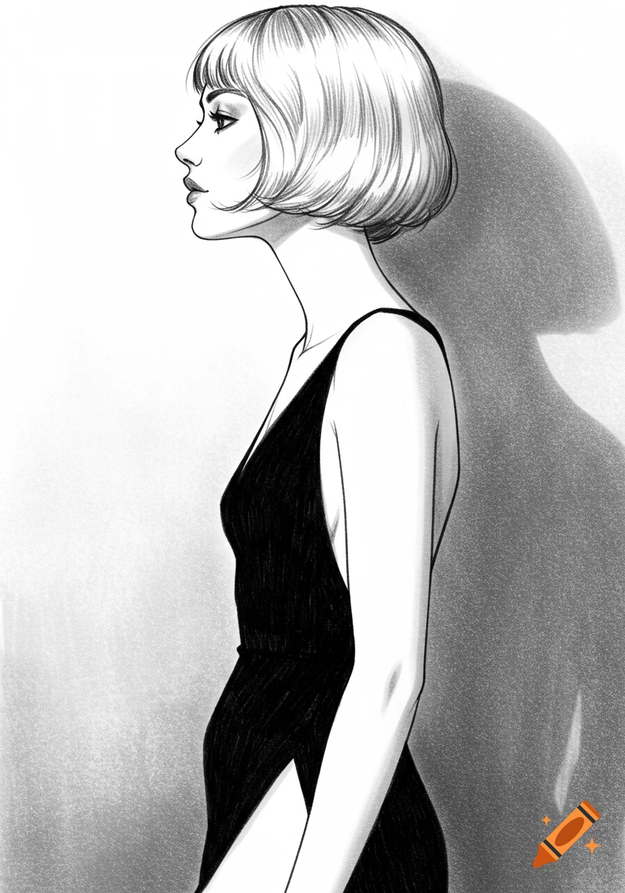 Pencil line sketch of a woman in profile with short hair, wearing a black dress with a leg slit.