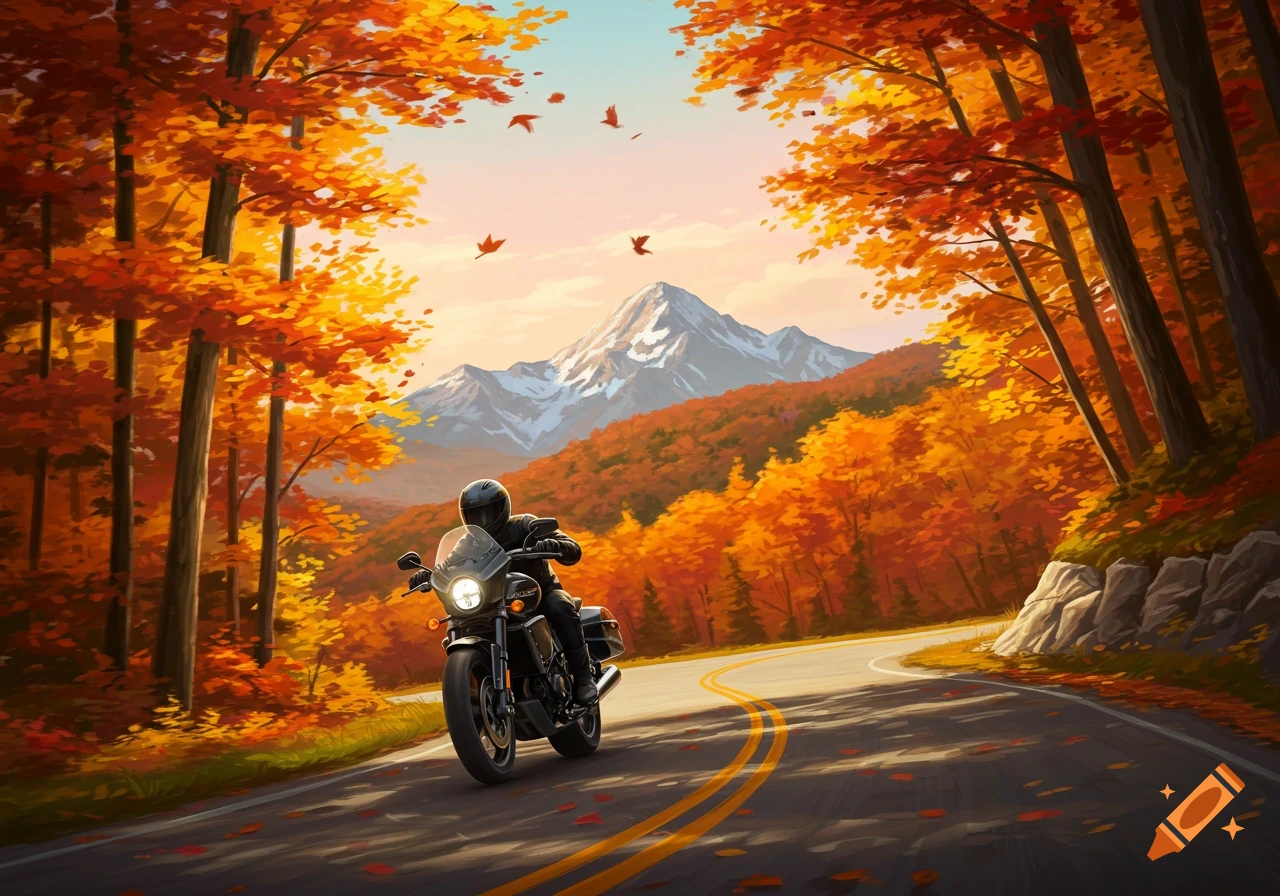 A person on a black motorcycle rides down a winding road through a forest with vibrant orange and red autumn trees, mountains in the distance.