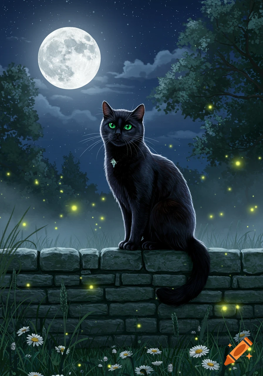 A black cat with green eyes sits on a stone wall at night under a full moon, surrounded by glowing fireflies and plants.