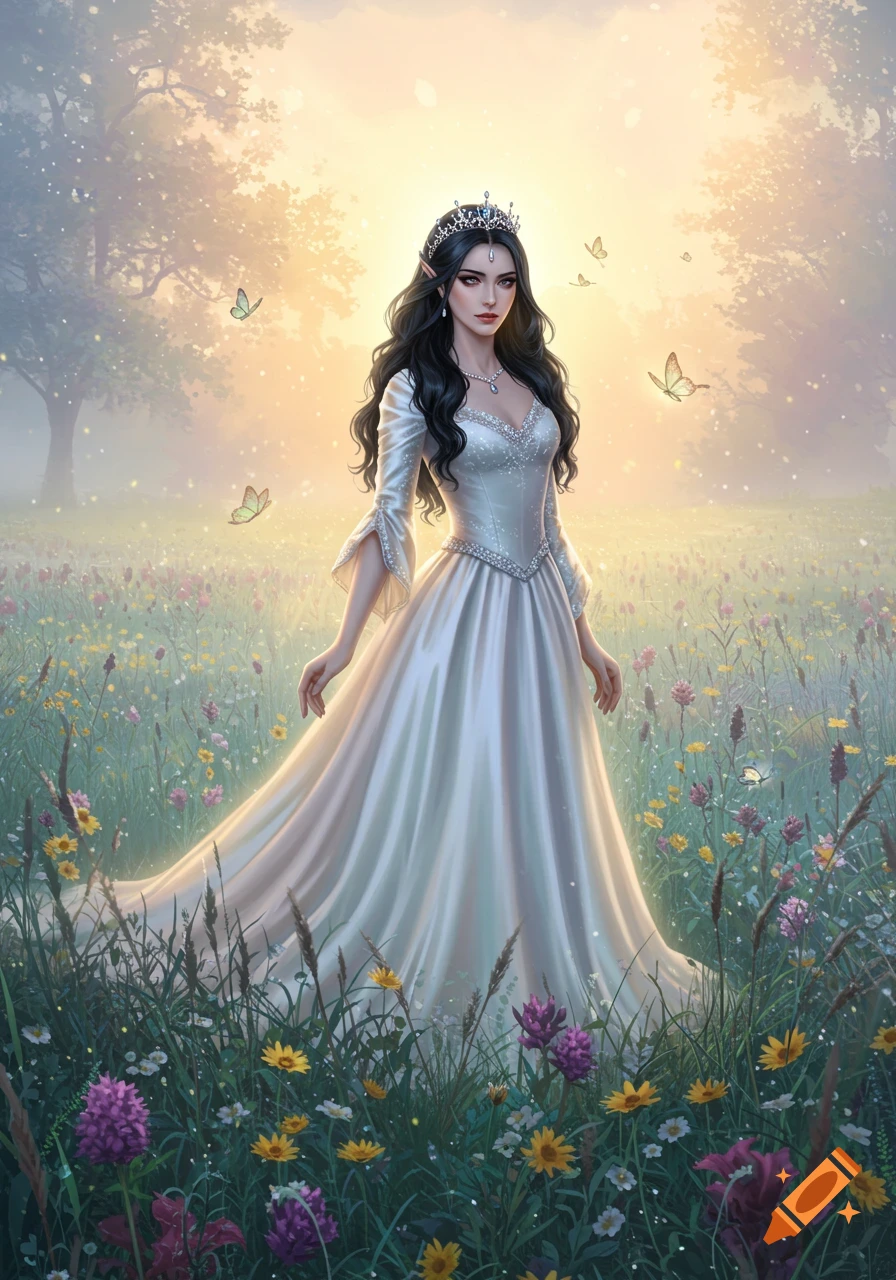 An elegant dark-haired woman with pointed ears, wearing a white gown and tiara, stands in a magical field of wildflowers at sunset with butterflies.
