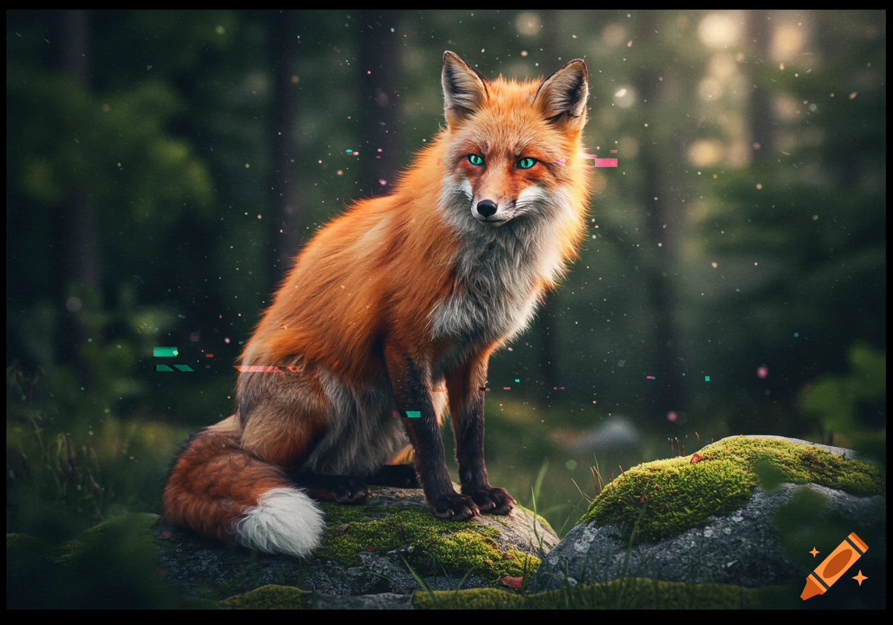A vibrant red fox with glowing green eyes sits on a mossy rock in a forest, surrounded by digital glitch artifacts.