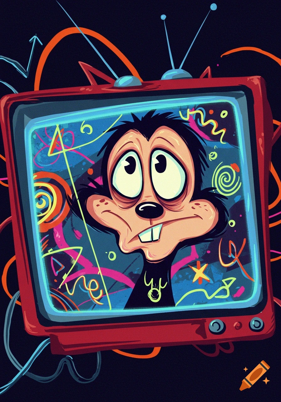 Cartoon character with wide, tired eyes in a red retro TV, surrounded by neon abstract patterns and wires.