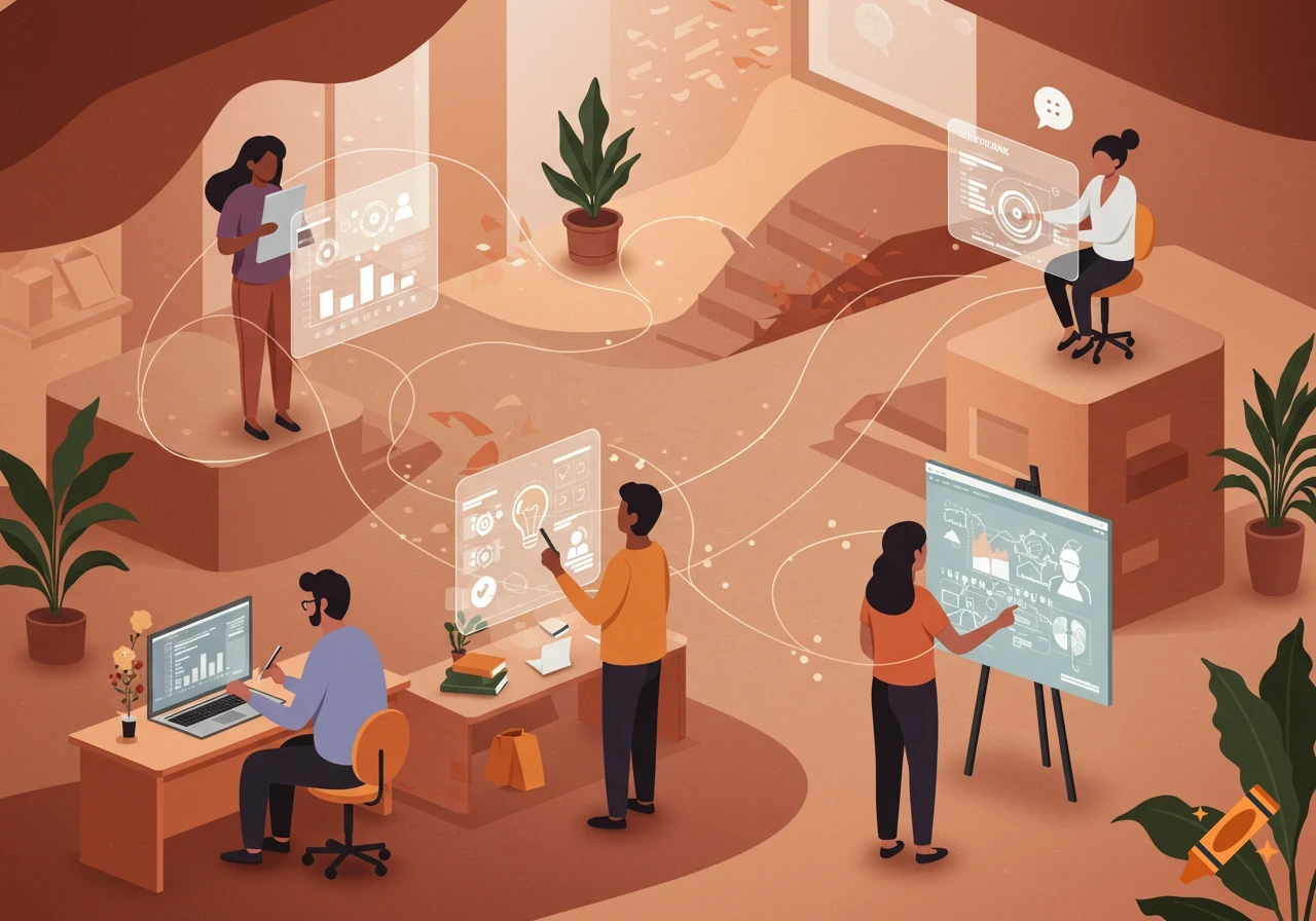 An isometric illustration of diverse people in an office working with data, charts, and holographic interfaces, symbolizing internal customer interaction.