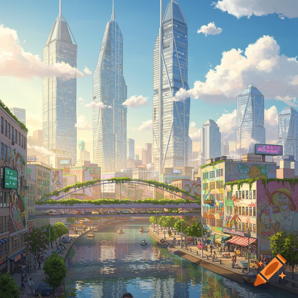 A vibrant, anime-style cityscape with tall, modern skyscrapers, a canal with boats, a bridge, and bustling streets lined with colorful buildings.