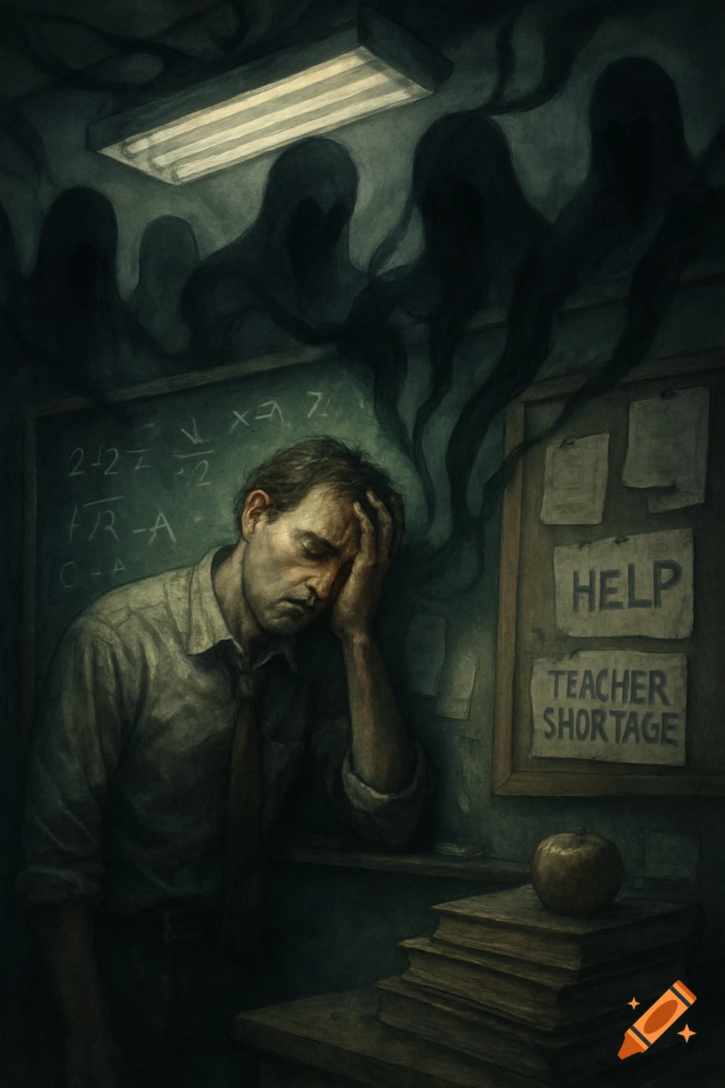 A weary male teacher in a dark classroom with shadowy figures and notes saying 'HELP' and 'TEACHER SHORTAGE'.