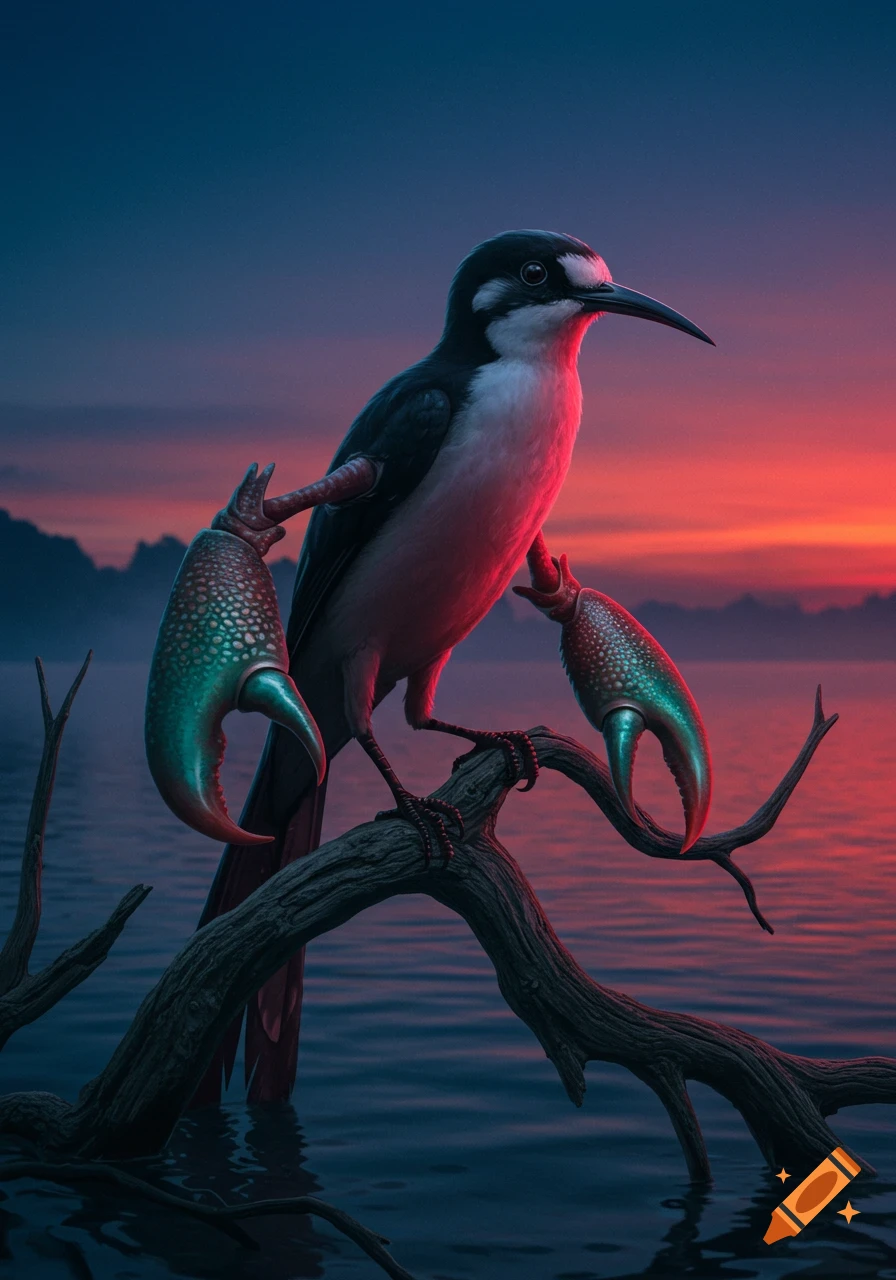 A surreal bird with lobster claws instead of wings perches on a branch over water, backlit by a vibrant red and blue sunset.
