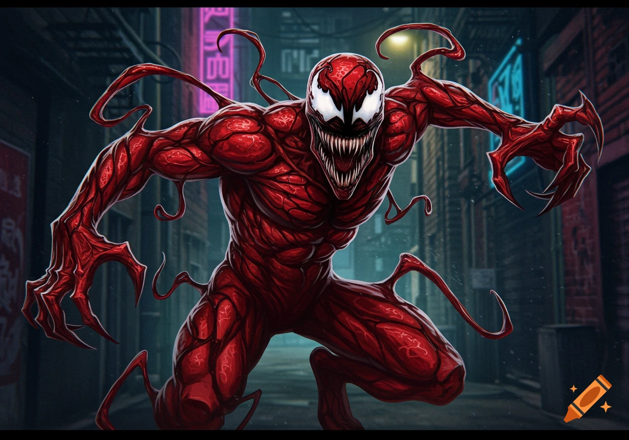Red symbiote monster Carnage crouches menacingly in a dark, neon-lit city alley, comic book style.