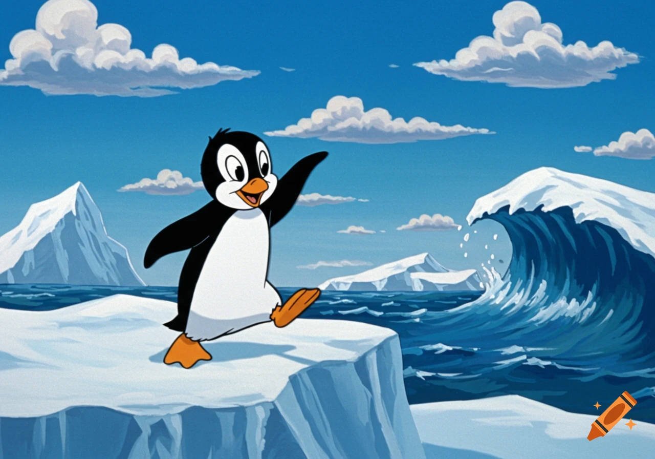 A happy cartoon penguin walks on an iceberg in an arctic scene with a blue ocean, icebergs, and clouds.