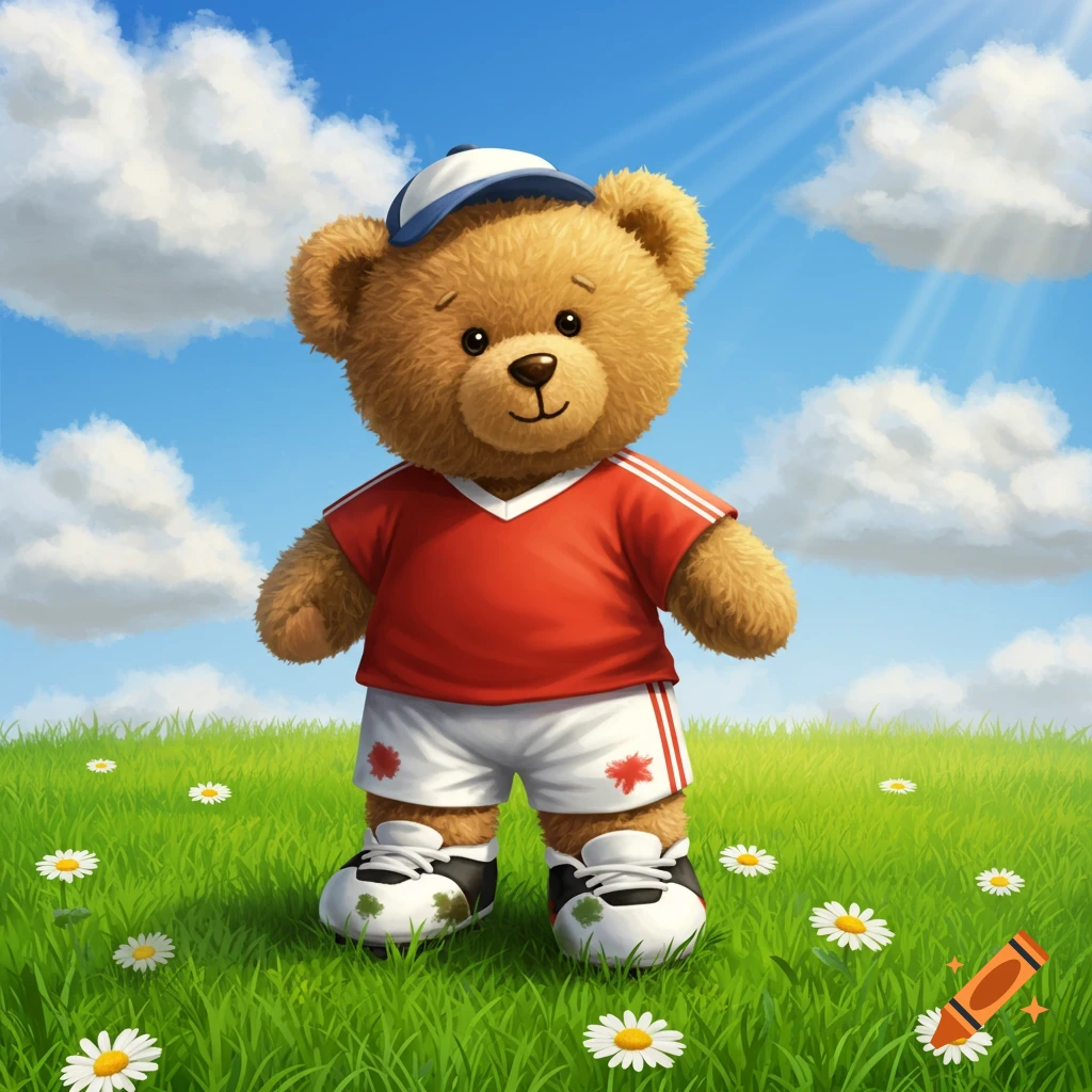 A cartoon teddy bear wearing a red jersey, white shorts, cleats, and a cap stands in a green field with white daisies under a blue sky.