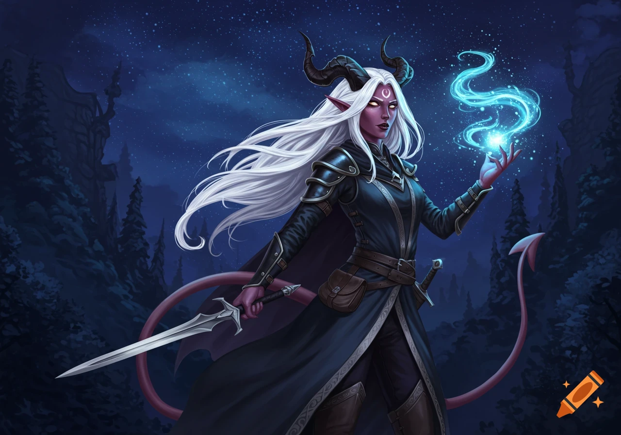 A fantasy tiefling with purple skin, white hair, horns, and a tail stands in a dark forest, holding a sword and casting a blue magic spell.
