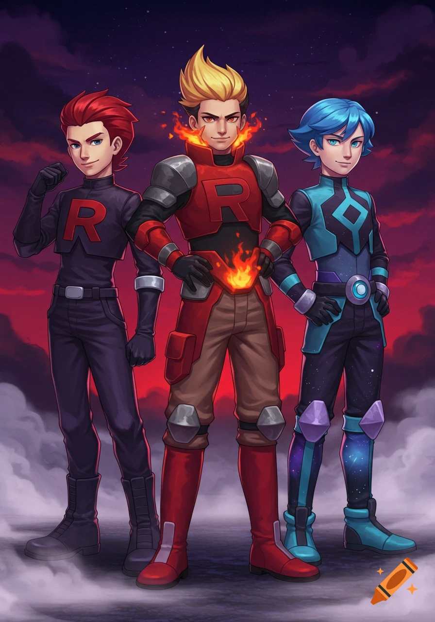 Three anime-style male characters, dressed as Team Rocket, Team Magma, and Team Galactic members, stand against a dark, dramatic sky.