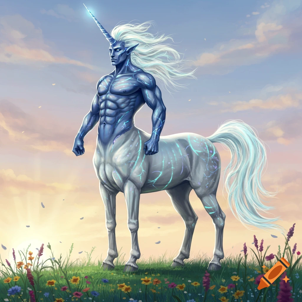 A muscular, blue-skinned unicorn centaur with glowing markings and white hair stands in a field of wildflowers at sunset.