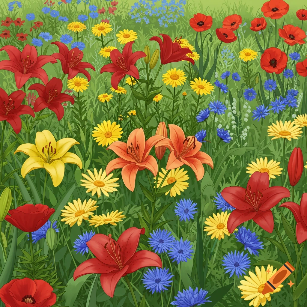 A vibrant, colorful illustration of a flower field filled with red, yellow, orange lilies, blue cornflowers, and red poppies.