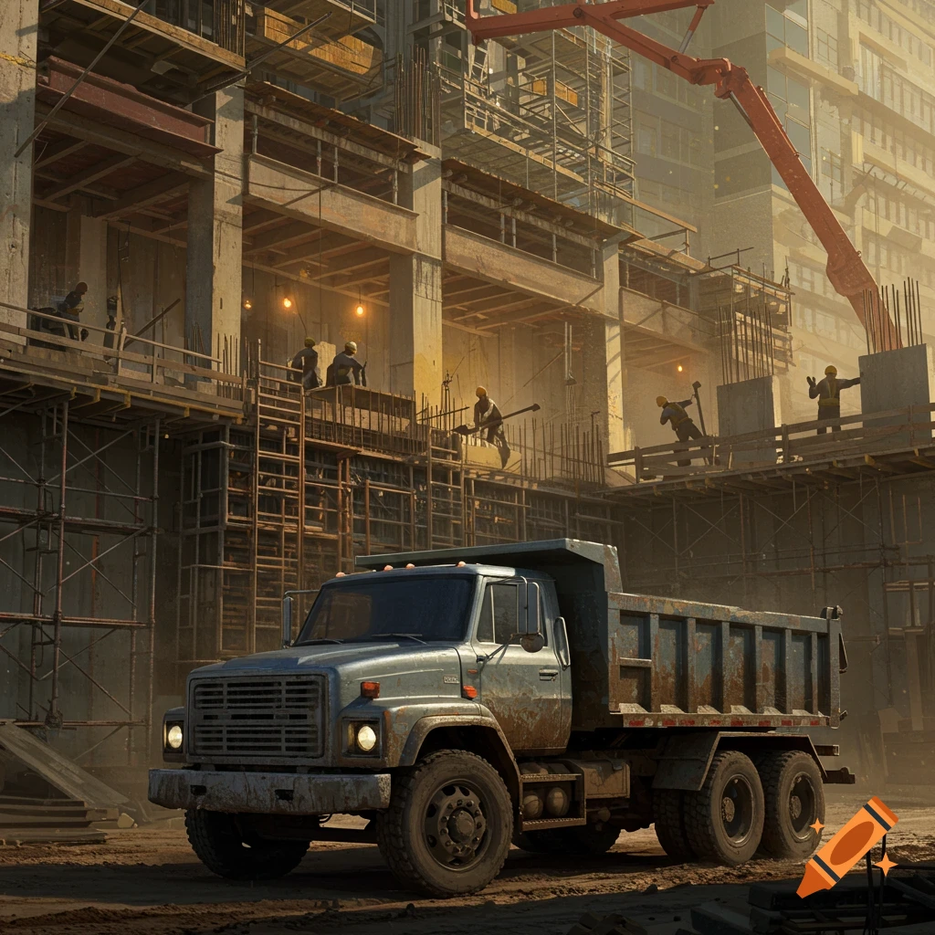 A dirty blue dump truck on a dusty construction site, with workers on scaffolding and an orange crane in the background.