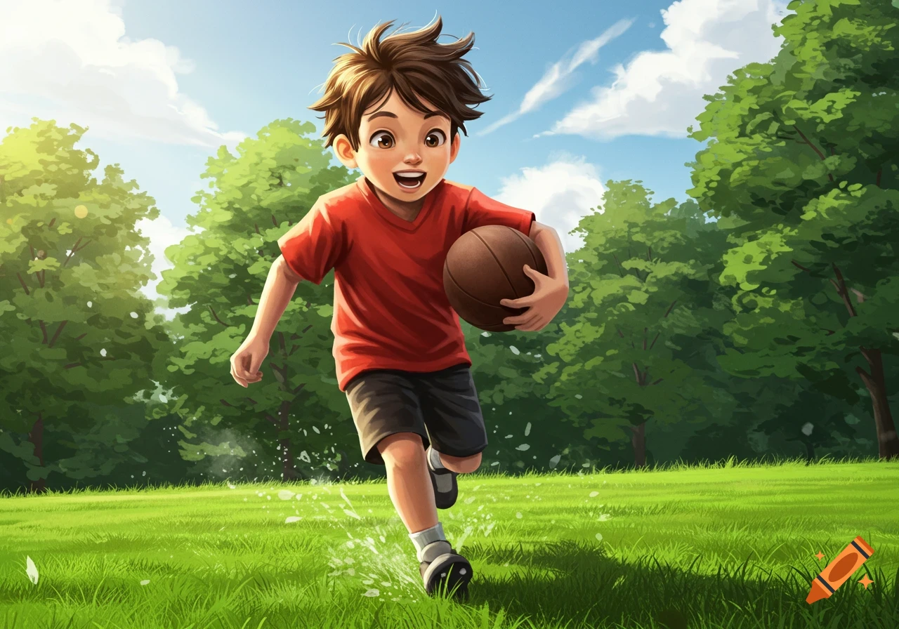 A happy cartoon boy in a red shirt runs on a sunny grassy field, holding a brown ball. Trees and blue sky are in the background.