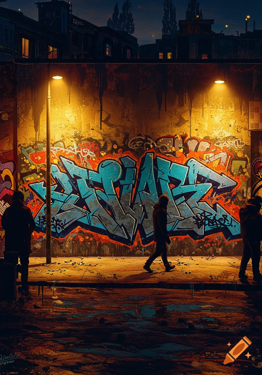 A vibrant graffiti mural in blue, grey, and orange on a city wall at night, illuminated by streetlights. Two shadowy figures walk on the wet sidewalk below, with distant buildings under a dark sky.