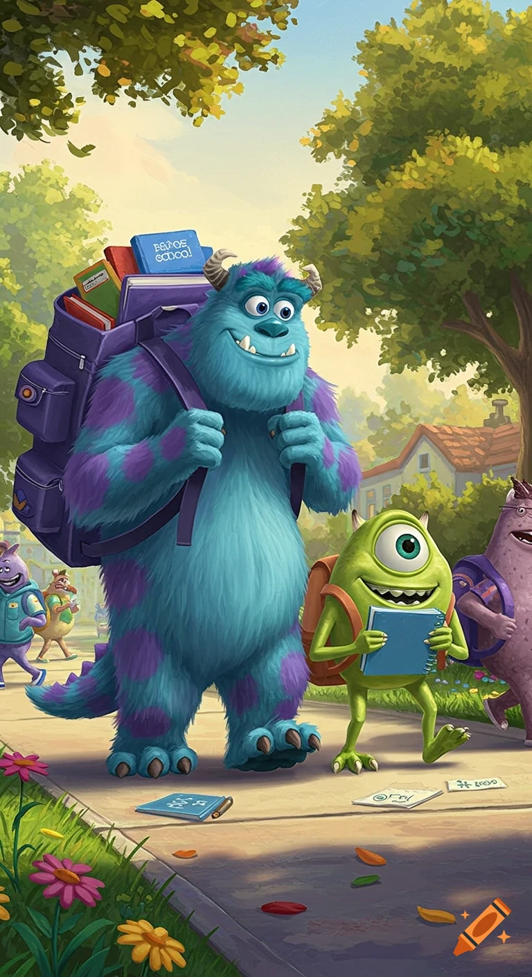 Sulley and Mike from Monsters Inc. walk to school with backpacks and books on a sunny, tree-lined street.