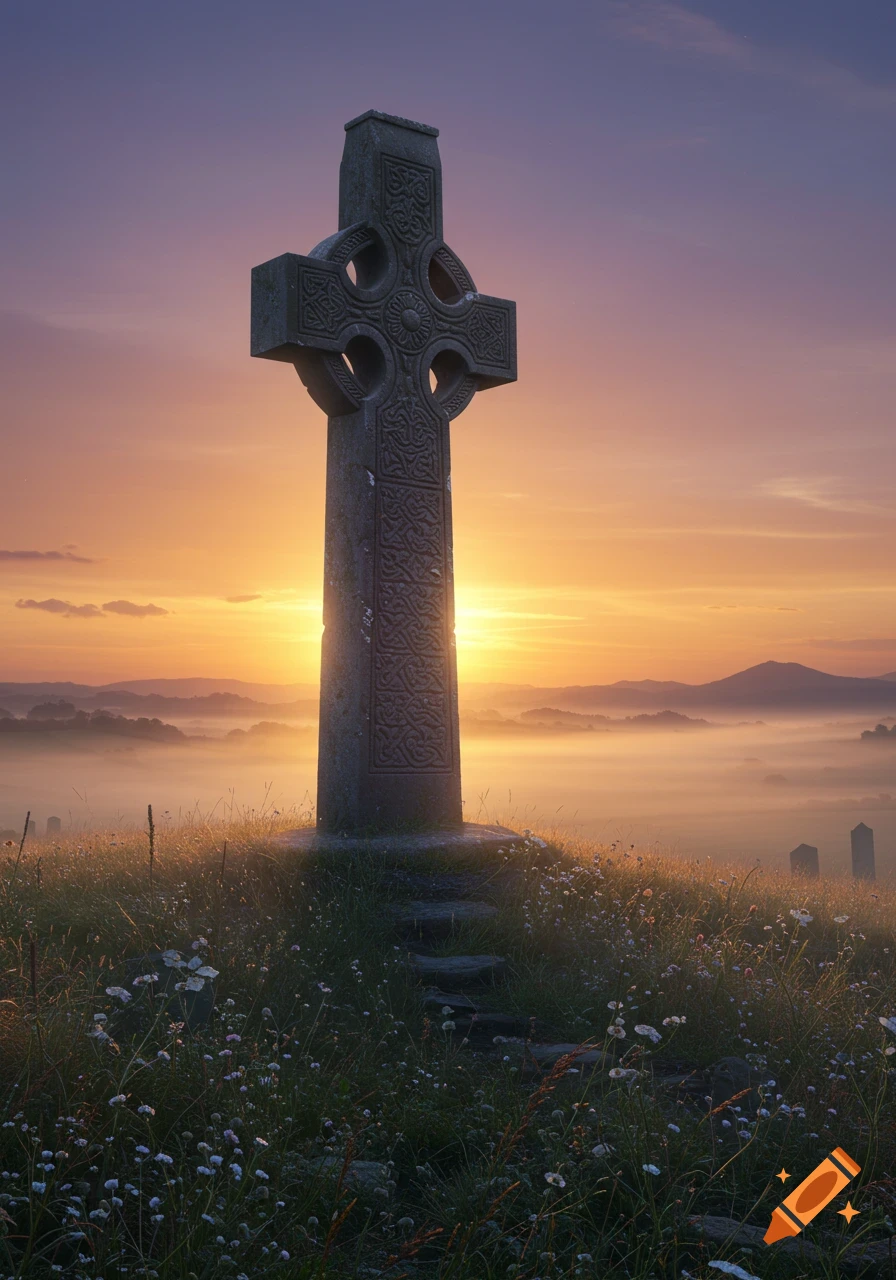 A stone Celtic cross stands on a grassy hill overlooking a foggy valley at sunrise.