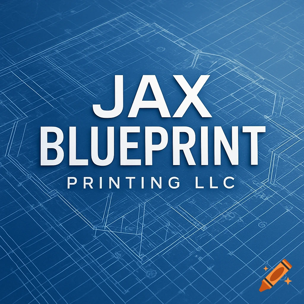 A logo for 'JAX BLUEPRINT PRINTING LLC' in white text on a blue background with architectural blueprint lines.